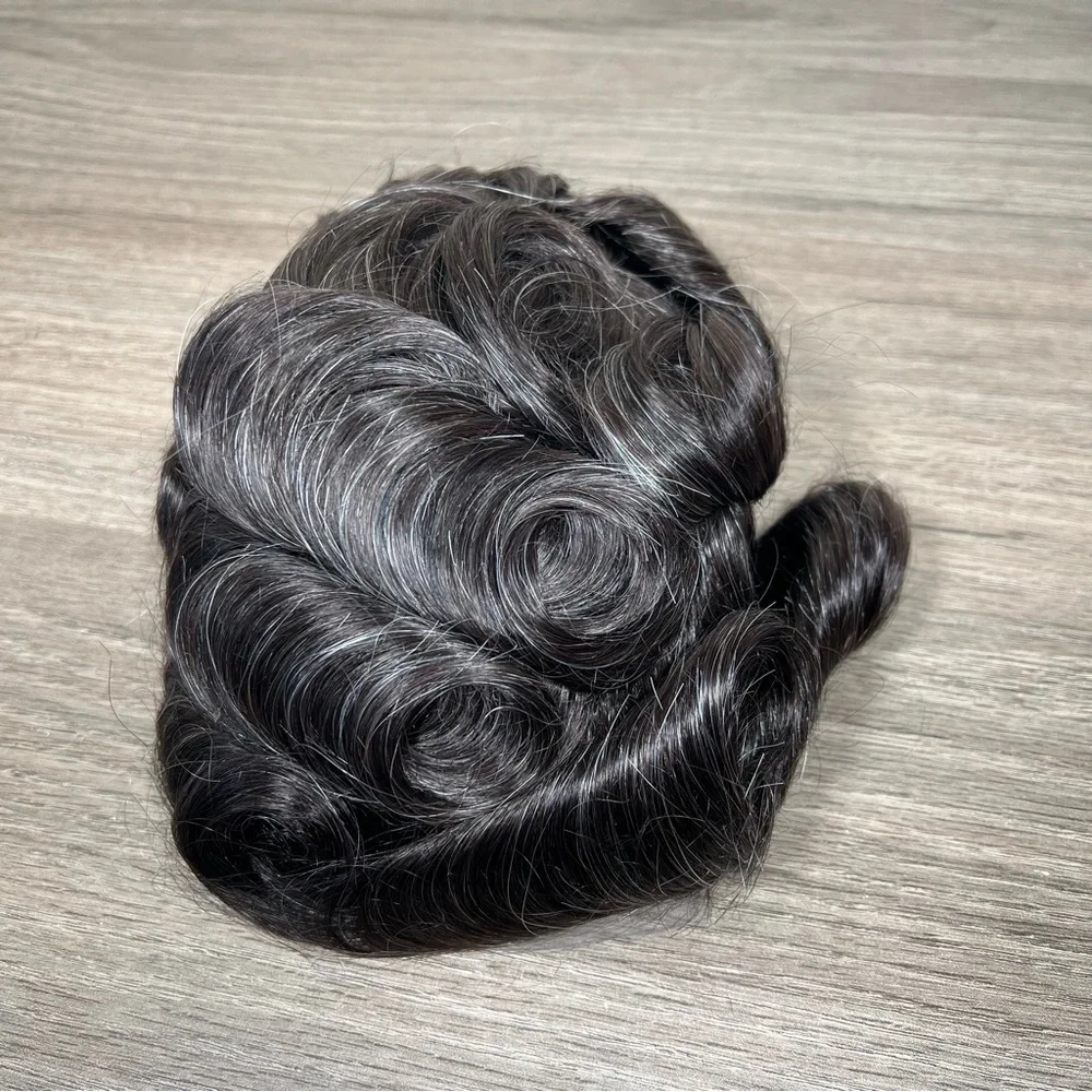 Dark Brown with Gray Human Hair Wavy 8x10 Inch Toupee Hair System